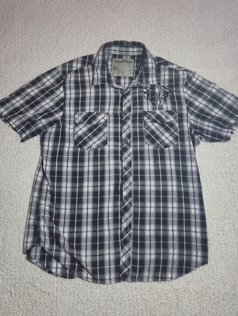 Machine Black and Gray Plaid Short-Sleeve Button-Down Shirt